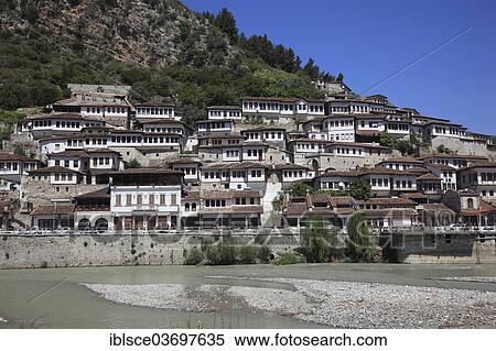 "Cityscape of Berat, """"city of a thousand windows"""" with the Osum River, district of Mangalem, Mangalem, Berat, Berat, Albania, Europe" View Large Photo Image Stock Photography - "Cityscape of Berat, """"city of a thousand windows"""" with the Osum River, district of Mangalem, Mangalem, Berat, Berat, Albania, Europe". Fotosearch