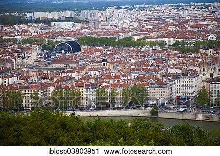 Stock Image - "Cityscape of Lyon seen from the Basilica Notre-Dame de Fourviere, Lyon, Rhone-Alpes, France, Europe". Fotosearch