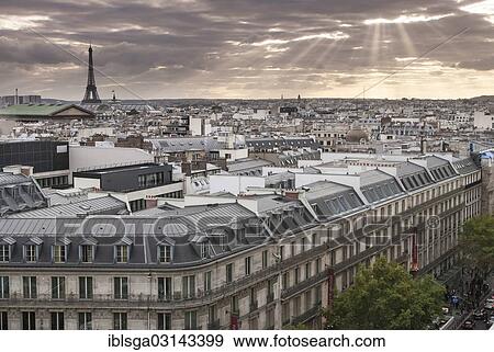 Stock Photo - "Cityscape of Paris with Eiffel Tower, view from the rooftop terrace of the Galeries Lafayette, Paris, Ile-de-France, France, Europe". Fotosearch