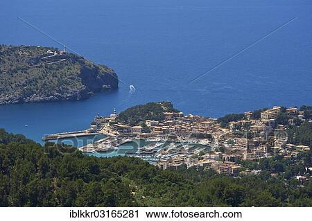 Stock Image - "Cityscape of Port de Soller, Port de Soller, Majorca, Balearic Islands, Spain, Europe". Fotosearch