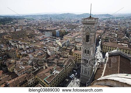 Stock Image - "Cityscape with Campanile tower, from above, Florence, Tuscany, Italy, Europe". Fotosearch