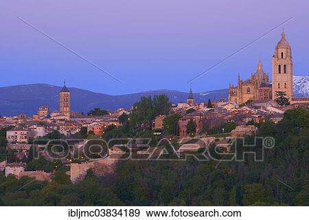 Stock Photo - "Cityscape with Segovia Cathedral, at sunset, Segovia, Castile and Leon, Spain, Europe". Fotosearch