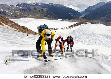Stock Image - "Climbers climbing Zufallferner glacier, roped up, above Marteller Huette mountain hut, Martell valley, province of Bolzano-Bozen, Italy, Europe". Fotosearch
