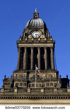 Stock Photography - "Clock on the tower of the Town Hall, Leeds, West Yorkshire, England, United Kingdom, Europe". Fotosearch