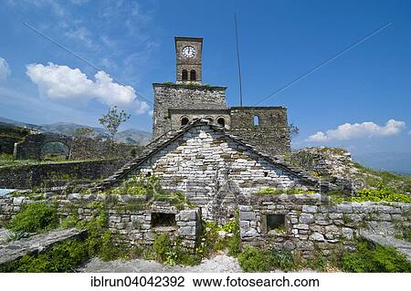 Stock Image - "Clock tower of the castle, historic centre, UNESCO World Heritage Site, Gjirokaster, Albania, Europe". Fotosearch