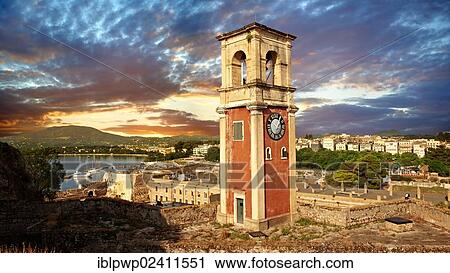Clock tower of the old citadel of Corfu Town castle, Corfu, Ionian Islands, Greece, Europe View Large Photo Image Stock Image - Clock tower of the old citadel of Corfu Town castle, Corfu, Ionian Islands, Greece, Europe. Fotosearch