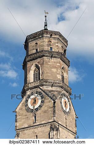 Stock Image - "Clock tower, Protestant collegiate church, Stiftskirche, Stuttgart, Baden-Wuerttemberg, Germany, Europe". Fotosearch