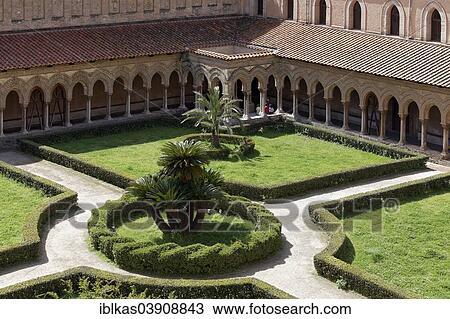 Stock Image - "Cloister with a well house, Cathedral of Monreale, Monreale, Province of Palermo, Sicily, Italy, Europe". Fotosearch