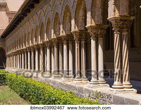 "Cloister with ornate pillars at Monreale Cathedral or Cathedral Santa Maria Nuova, Monreale, Sicily, Italy, Europe" View Large Photo Image Stock Photo - "Cloister with ornate pillars at Monreale Cathedral or Cathedral Santa Maria Nuova, Monreale, Sicily, Italy, Europe". Fotosearch