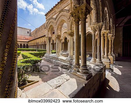 Stock Image - "Cloister with ornate pillars, Monreale Cathedral or Santa Maria Nuova, Monreale, Sicily, Italy, Europe". Fotosearch