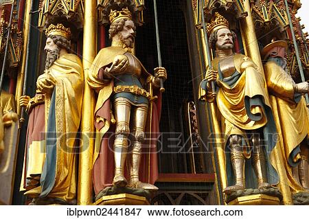"Close up of the Gothic statues of The Schoener Brunnen, The Beautiful Fountain, Nuernberg, Nuremberg, Bavaria, Germany, Europe" View Large Photo Image Stock Photo - "Close up of the Gothic statues of The Schoener Brunnen, The Beautiful Fountain, Nuernberg, Nuremberg, Bavaria, Germany, Europe". Fotosearch
