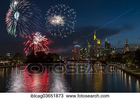 Stock Image - "Closing fireworks of the Main Festival in front of the Frankfurt skyline, Frankfurt am Main, Hesse, Germany, Europe". Fotosearch