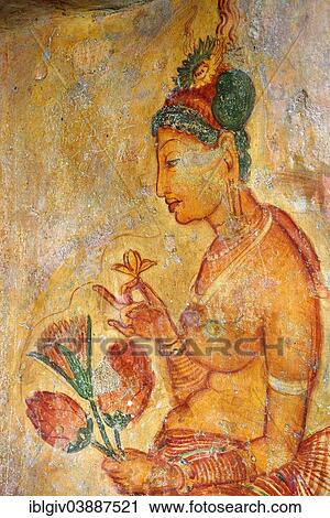 Stock Image - "Cloud Maiden, rock painting, fresco, mural at Lion Rock, UNESCO World Heritage Site, Sigiriya, Central Province, Sri Lanka, Asia". Fotosearch