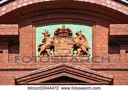 Stock Image - "Coat of arms of the Free State of Mecklenburg-Schwerin on the City Hall, Malchow, Mecklenburg-Western Pomerania, Germany, Europe". Fotosearch