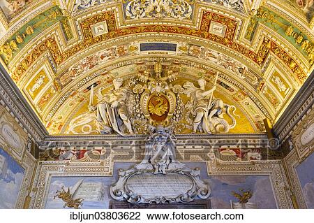 Stock Image - "Coat of warms of Pope Urban VIII and stucco ceiling in the Galleria delle Carte Geografiche, Vatican Museums, Vatican, Rome, Lazio, Italy, Europe". Fotosearch