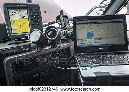 Stock Photograph - "Cockpit from the inside, interior, technology, Super Jeep, GPS, navigation, laptop, Iceland, Europe". Fotosearch