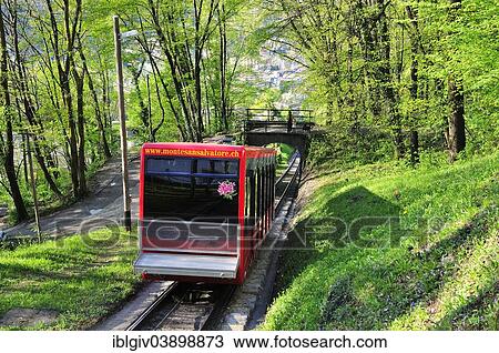 Stock Image - "Cog railway on Monte San Salvatore mountain, Lugano, Canton of Ticino, Switzerland, Europe". Fotosearch