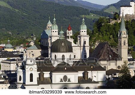 Stock Photo - "Collegiate Church, Cathedral, St. Francis Church, historic town centre, view from Moenchsberg mountain, Salzburg, Salzburg State, Austria, Europe". Fotosearch