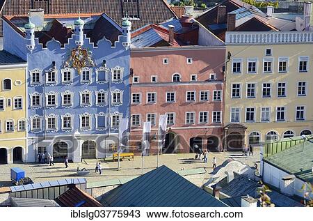 Stock Image - "Colorful facades, typical Inn-Salzach-architecture, old town, Burghausen, Upper Bavaria, Bavaria, Germany, Europe". Fotosearch