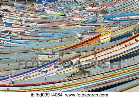 Picture - "Colorful fishing boats in the harbour, Vizhinjam, Kerala, India, Asia". Fotosearch