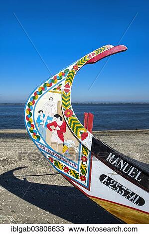 Stock Image - "Colorful hand painted prow of a Moliceiro boat, Aveiro, Centro region, Portugal, Europe". Fotosearch