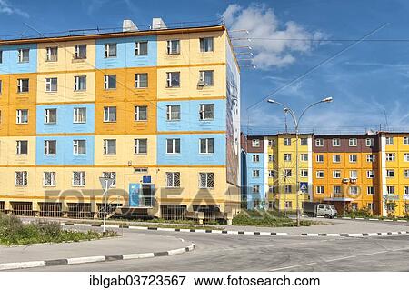 Stock Photo - "Coloured apartment houses, Anadyr, Chukotka Autonomous Okrug, Russia, Europe". Fotosearch