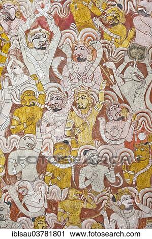 Colourful 壁 絵 フレスコ画 鬼 かみ合った 中に A 激い 戦い Maharaja Iena 洞穴 仏教 洞穴 寺院 の Dambulla 金寺院 の Dambulla 中央である 州 Sri Lanka Asia ストックイメージ Iblsau Fotosearch