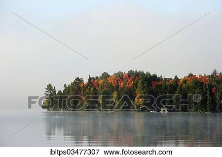 Stock Photo - "Colourful autumnal woods on the Lake of Two Rivers, morning mood, Algonquin Provincial Park, Ontario Province, Canada, North America". Fotosearch