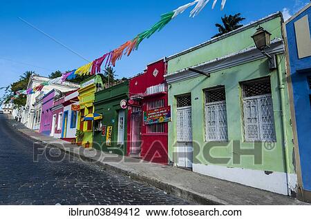 Stock Image - "Colourful colonial architecture, Olinda, UNESCO World Heritage Site, Pernambuco, Brazil, South America". Fotosearch
