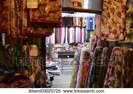 Stock Photography - "Colourful fabrics, Souq al Waqif, oldest souq or bazaar in the country, Doha, Doha, Qatar, Asia". Fotosearch