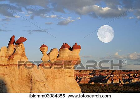"Colourful hoodoos, rock pillars, sandstone formations in the evening light with moon, Blue Canyon, Arizona, United States, North America" View Large Photo Image Stock Photography - "Colourful hoodoos, rock pillars, sandstone formations in the evening light with moon, Blue Canyon, Arizona, United States, North America". Fotosearch