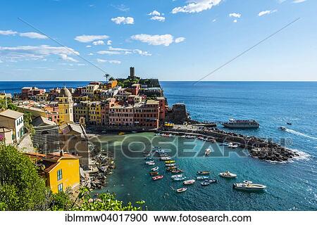 Stock Image - "Colourful houses, townscape, Vernazza, Cinque Terre, La Spezia, Liguria, Italy, Europe". Fotosearch