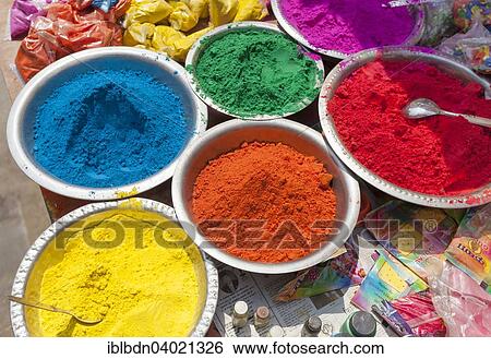 Stock Photograph - "Colourful powder paints on sale for the Holi festival, Kathmandu, Nepal, Asia". Fotosearch