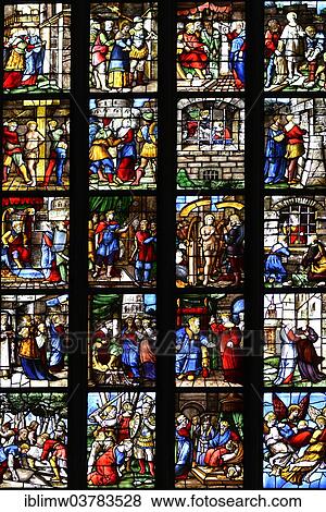 Stock Photo - "Colourful stained glass window, detail of the only remaining original glass window, Milan Cathedral, interior, Milan, Lombardy, Italy, Europe". Fotosearch