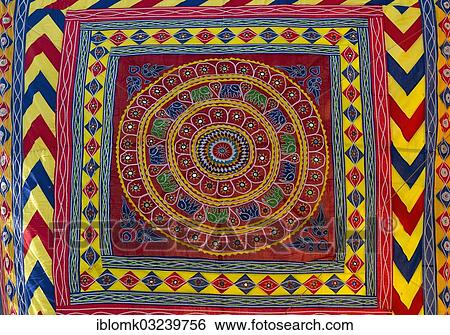 Stock Photograph - "Colourful tapestry with inlaid mirrors, Pipli art from Orissa, Suraj Kund, Haryana, India, Asia". Fotosearch