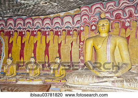 "Colourful wall painting, fresco, many monks standing next to each other, meditating Buddha statues, Dhyana Mudra, Buddhist cave temple of Dambulla, Golden Temple of Dambulla, Central Province, Sri Lanka, Asia" View Large Photo Image Stock Image - "Colourful wall painting, fresco, many monks standing next to each other, meditating Buddha statues, Dhyana Mudra, Buddhist cave temple of Dambulla, Golden Temple of Dambulla, Central Province, Sri Lanka, Asia". Fotosearch