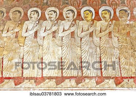 "Colourful wall painting, fresco, monks standing in a row, Maharaja-Iena cave, Buddhist cave temple of Dambulla, Golden Temple of Dambulla, Central Province, Sri Lanka, Asia" View Large Photo Image Stock Image - "Colourful wall painting, fresco, monks standing in a row, Maharaja-Iena cave, Buddhist cave temple of Dambulla, Golden Temple of Dambulla, Central Province, Sri Lanka, Asia". Fotosearch