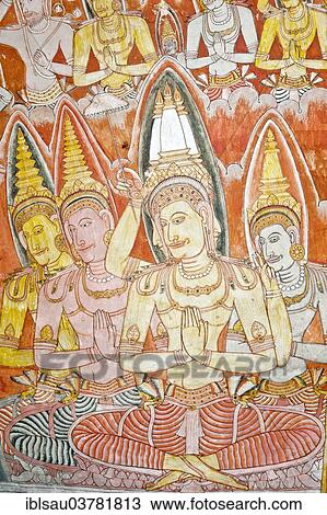 "Colourful wall painting, fresco, praying gods with nimbus, halo, Maharaja-Iena cave, Buddhist cave temple of Dambulla, Golden Temple of Dambulla, Central Province, Sri Lanka, Asia" View Large Photo Image Stock Image - "Colourful wall painting, fresco, praying gods with nimbus, halo, Maharaja-Iena cave, Buddhist cave temple of Dambulla, Golden Temple of Dambulla, Central Province, Sri Lanka, Asia". Fotosearch