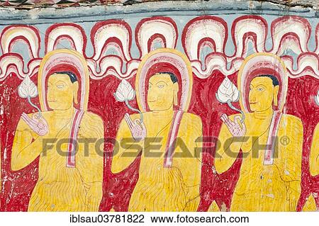 "Colourful wall painting, fresco, three monks standing next to each other holding a lotus flower in one hand, Buddhist cave temple of Dambulla, Golden Temple of Dambulla, Central Province, Sri Lanka, Asia" View Large Photo Image Stock Image - "Colourful wall painting, fresco, three monks standing next to each other holding a lotus flower in one hand, Buddhist cave temple of Dambulla, Golden Temple of Dambulla, Central Province, Sri Lanka, Asia". Fotosearch