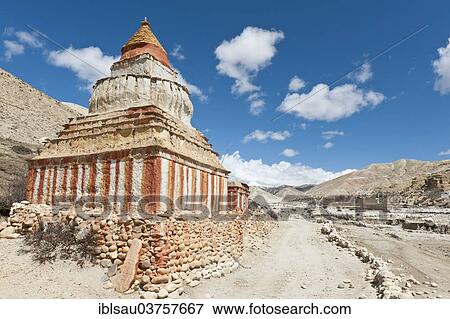 "Colourfully decorated Buddhist stupa on a track in a vast landscape, Garphu, Chhosar, Upper Mustang, Nepal, Asia" View Large Photo Image Stock Photo - "Colourfully decorated Buddhist stupa on a track in a vast landscape, Garphu, Chhosar, Upper Mustang, Nepal, Asia". Fotosearch