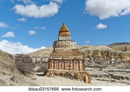 "Colourfully decorated Buddhist stupa on a track in a vast landscape, Garphu, Chhosar, Upper Mustang, Nepal, Asia" View Large Photo Image Stock Photograph - "Colourfully decorated Buddhist stupa on a track in a vast landscape, Garphu, Chhosar, Upper Mustang, Nepal, Asia". Fotosearch