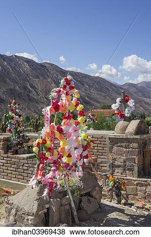 Stock Photo - "Colourfully decorated cemetery, Jujuy, Argentina, South America". Fotosearch