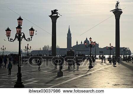 Stock Photograph - "Column with the Lion of St. Mark, Leone di San Marco, Piazzetta San Marco, St. Mark's Square, San Giorgio Maggiore Church at the rear, Venedig, Venezia, Veneto Region, Italy, Europe". Fotosearch