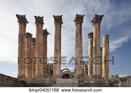 Stock Photo - "Columns, Artemis Temple, built in the 2nd century AD, ancient Roman city of Jerash, part of the Decapolis, Jerash, Jerash Governorate, Jordan, Asia". Fotosearch