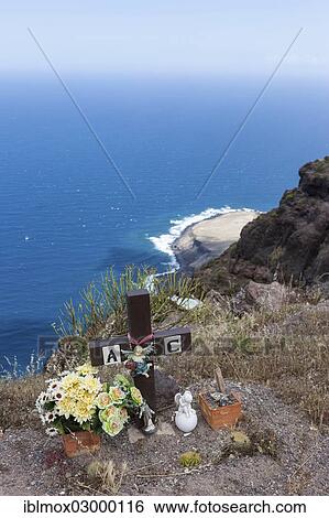 Stock Photograph - "Commemorative cross in remembrance of a person who fell down the cliffs, cliff coast near Casas de Tirma de San Nicolas, Artenara, Gran Canaria, Kanarische Inseln, Casas deTirma de San Nicolas, Spain, Europe". Fotosearch
