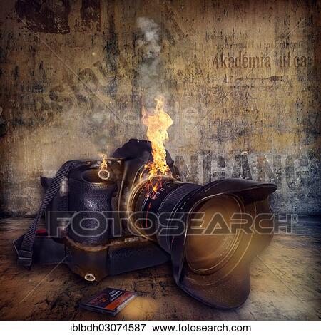 Stock Photo - "Composing, camera on fire, utilization of technology, Berlin, Germany, Europe". Fotosearch