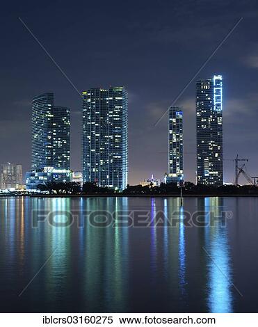 Stock Photography - "Condominium buildings from left to right Marinablue, 900 Biscayne Bay, Ten Museum Park and Marquis at night, Miami, Florida, United States, North America". Fotosearch