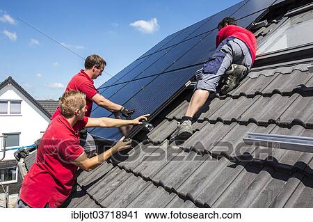 "Construction of a solar energy system on a house, installation of solar panels on a pitched roof, Bottrop, Ruhr district, North Rhine-Westphalia, Germany, Europe" View Large Photo Image Stock Image - "Construction of a solar energy system on a house, installation of solar panels on a pitched roof, Bottrop, Ruhr district, North Rhine-Westphalia, Germany, Europe". Fotosearch