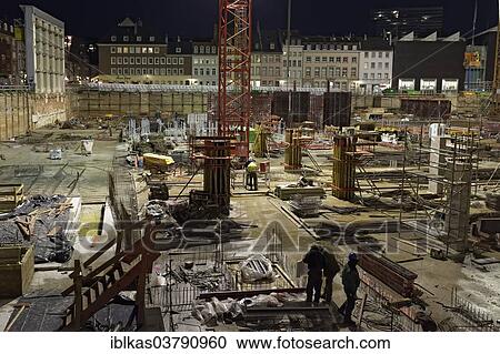 Stock Image - "Construction site at night, Dusseldorf, North Rhine-Westphalia, Germany, Europe". Fotosearch