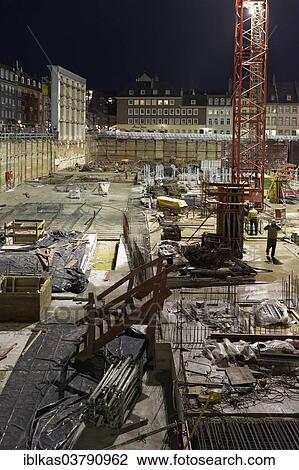 Stock Image - "Construction site at night, Dusseldorf, North Rhine-Westphalia, Germany, Europe". Fotosearch